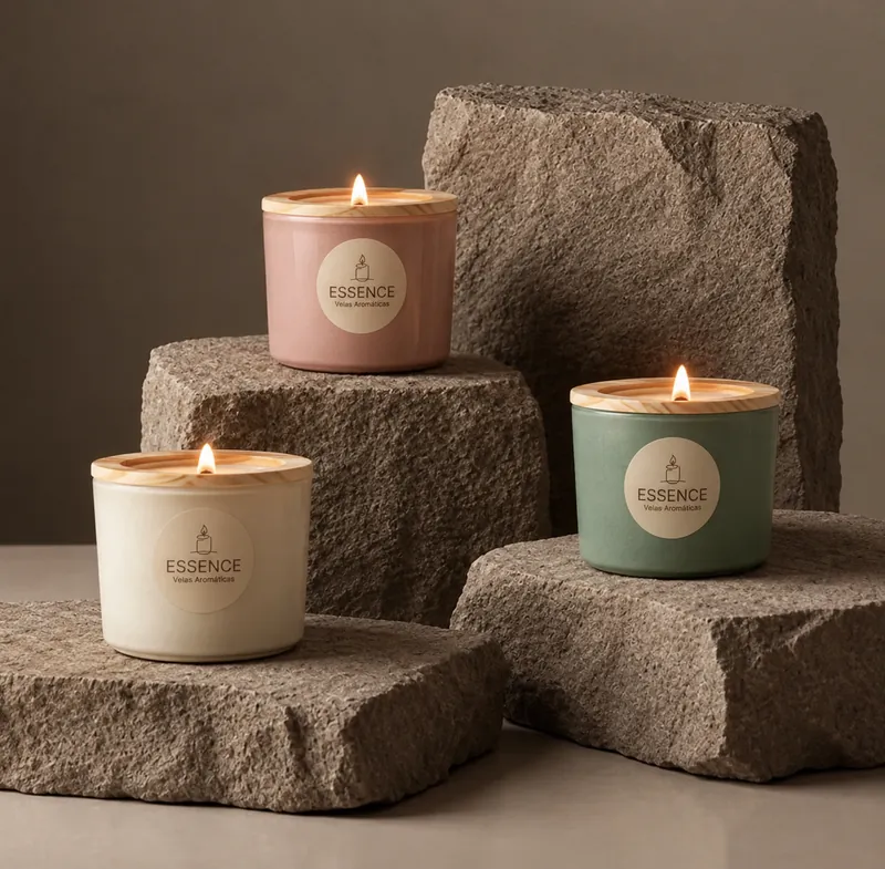 Velas Essence acesas em potes nas cores creme, rosé e verde, sobre pedras