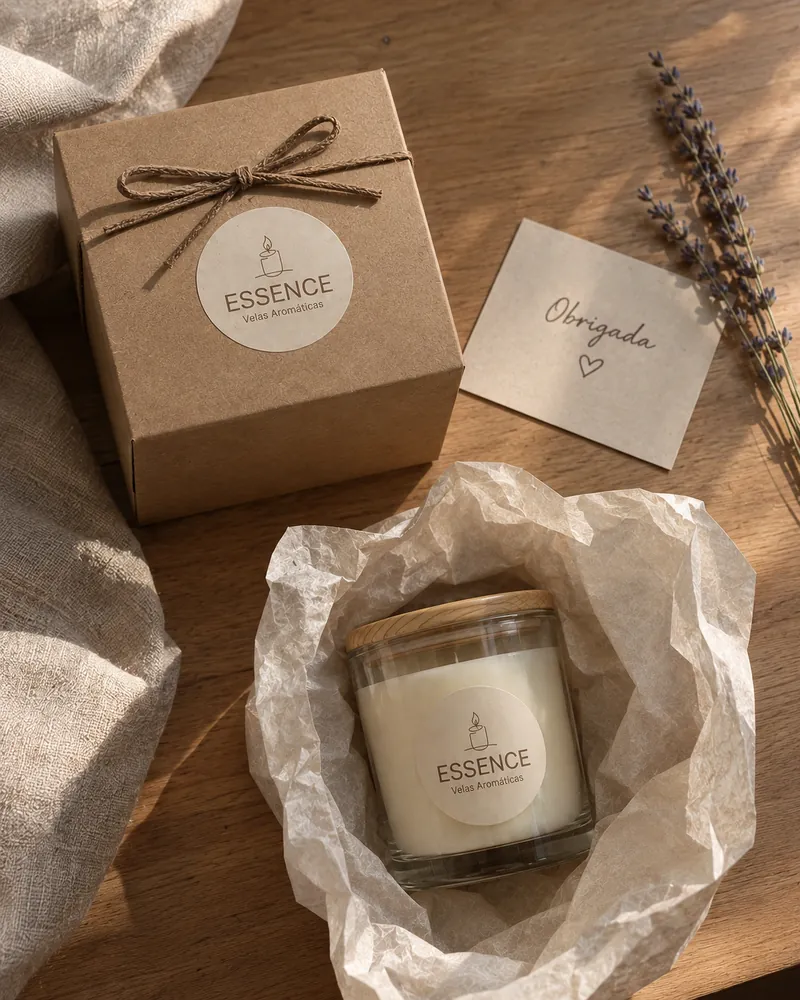 Vela Essence embrulhada em papel de seda ao lado de uma caixa kraft com laço e cartão de agradecimento